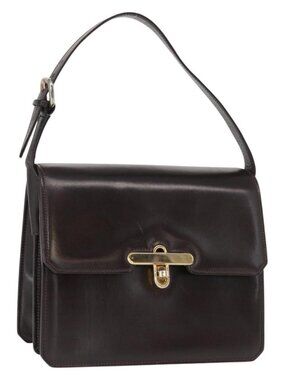 GUCCI Hand Bag Leather Dark Brown Gold Auth 161217